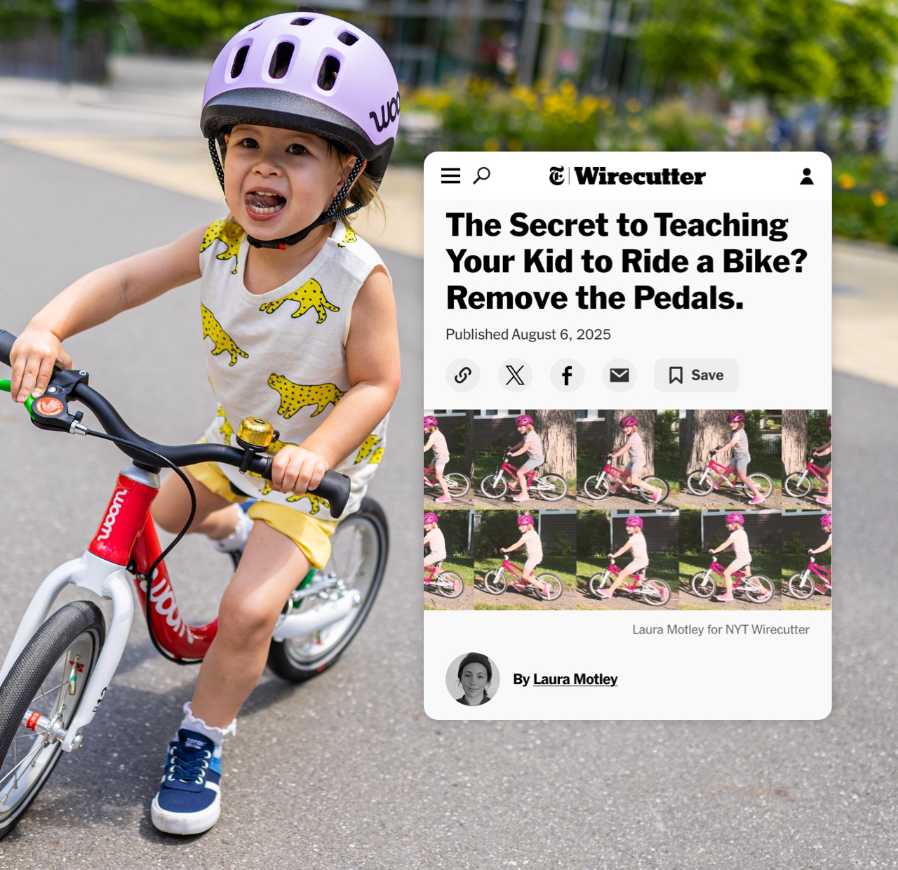 Young child in a purple READY Helmet on a red woom GO 1 bike overlaid with a screenshot from a NYT article: The Secret to Teaching Your Kid to Ride a Bike? Remove the Pedals