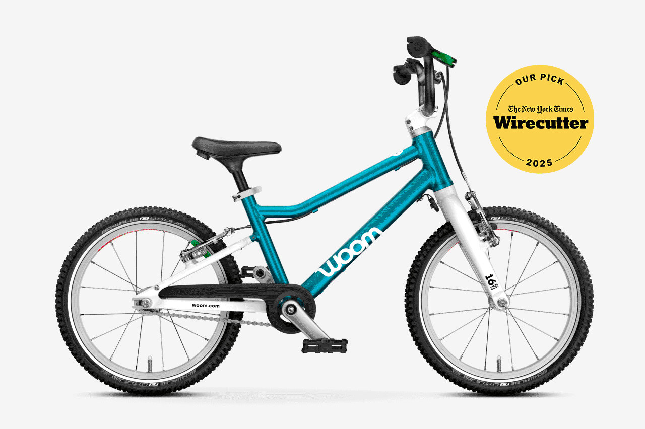 A GIF of the side view of a woom GO 3 bike rotating through all available colors. Overlaid is a 2025 Wirecutter badge from The New York Times.