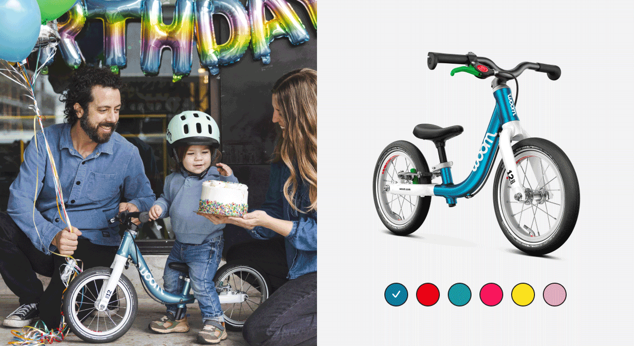 An image of a boy celebrating his first birthday atop a turquoise woom GO 1 next to his parents, with the various colors of the same bike rotating to the right of the photo