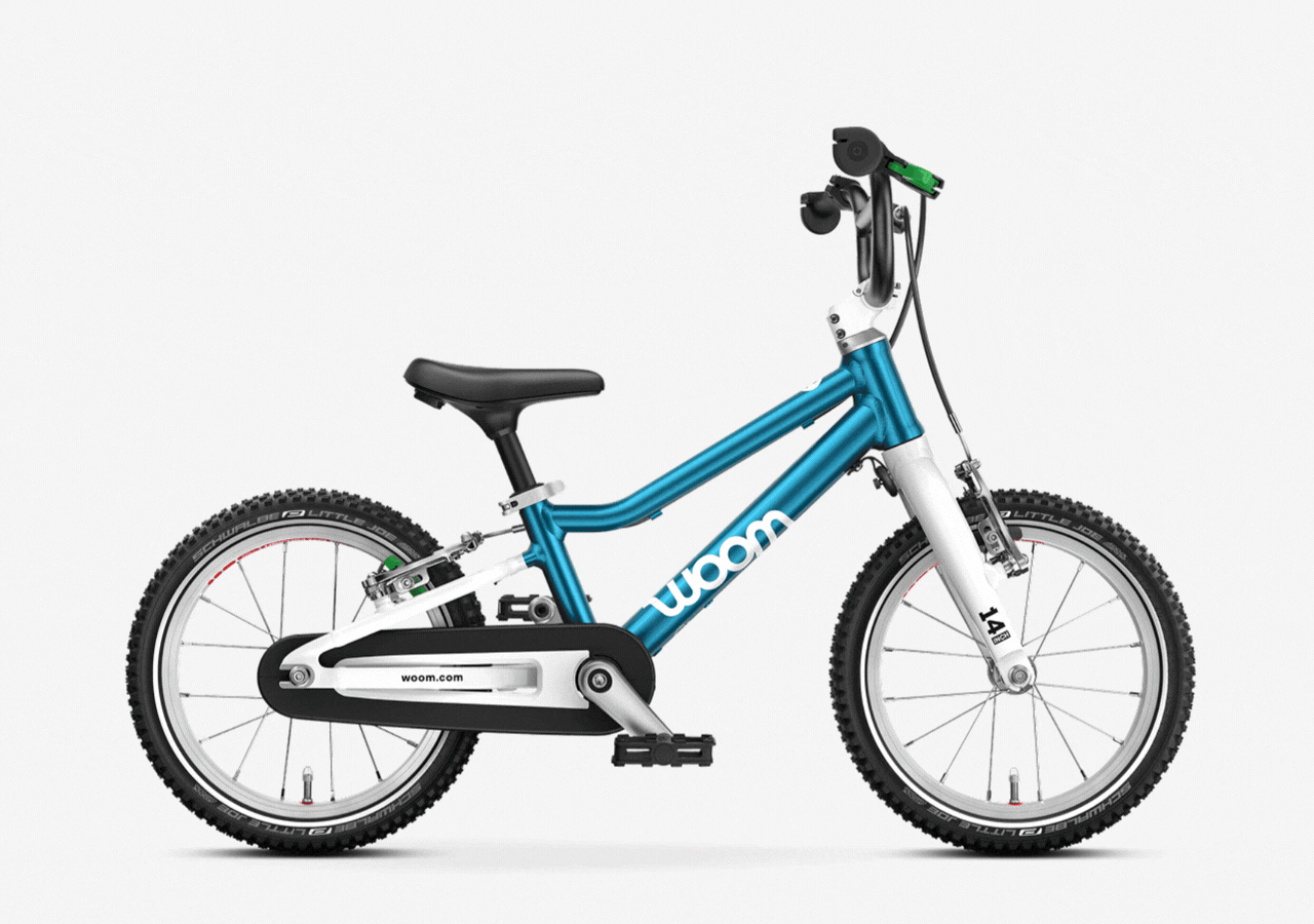 Diagram of woom GO 2 Fully Equipped featuring the FLYWHEEL, GLUG Water Bottle, BEAM Bike Light, VIENNA Bell, and POP Basket