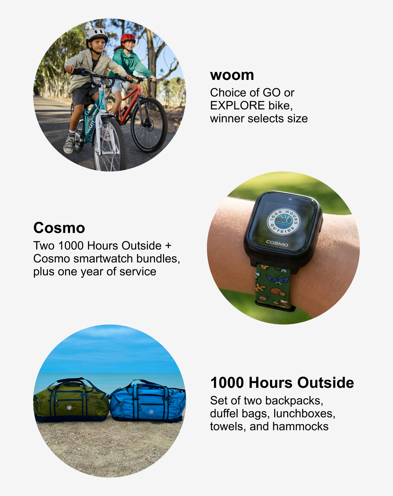 Prizes include a woom GO or EXPLORE bike of winner's choice, two 1000 Hours Outside + Cosmo smartwatch bundles with one year of service, and two duffel bags, hammocks, lunchboxes, and towels from 1000 Hours Outside