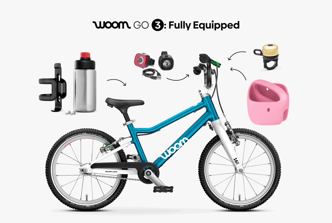 A GIF image switching between a fully equipped metallic blue woom GO 3 and a fully equipped jungle green woom EXPLORE 5