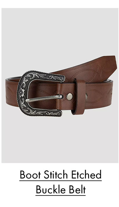 Boot stitch etched buckle belt