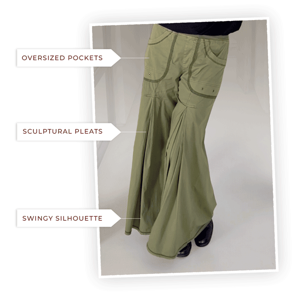 Oversized pockets + Sculptural pleats + Swingy silhouette