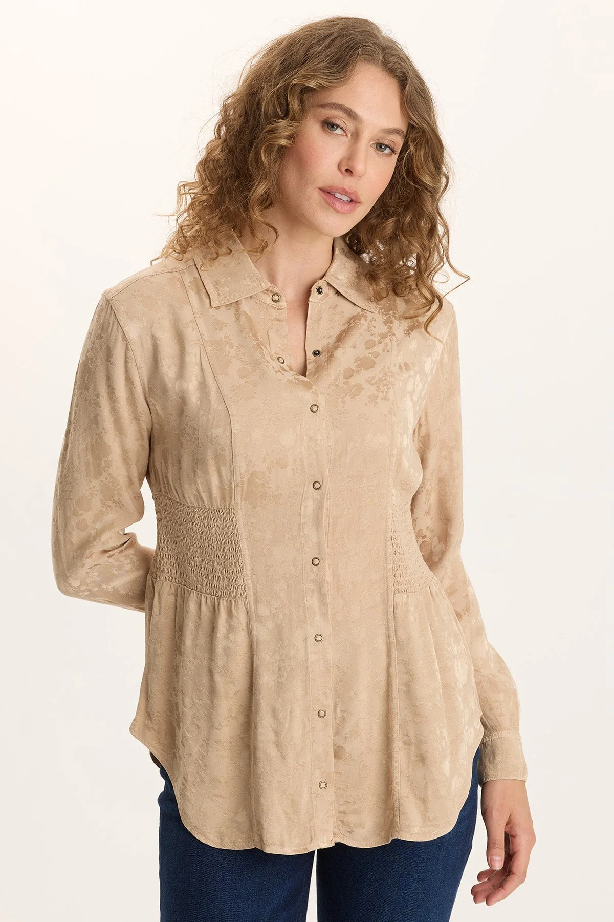 Image of Senneca Textured Satin Shirred Peplum Button-Up Blouse