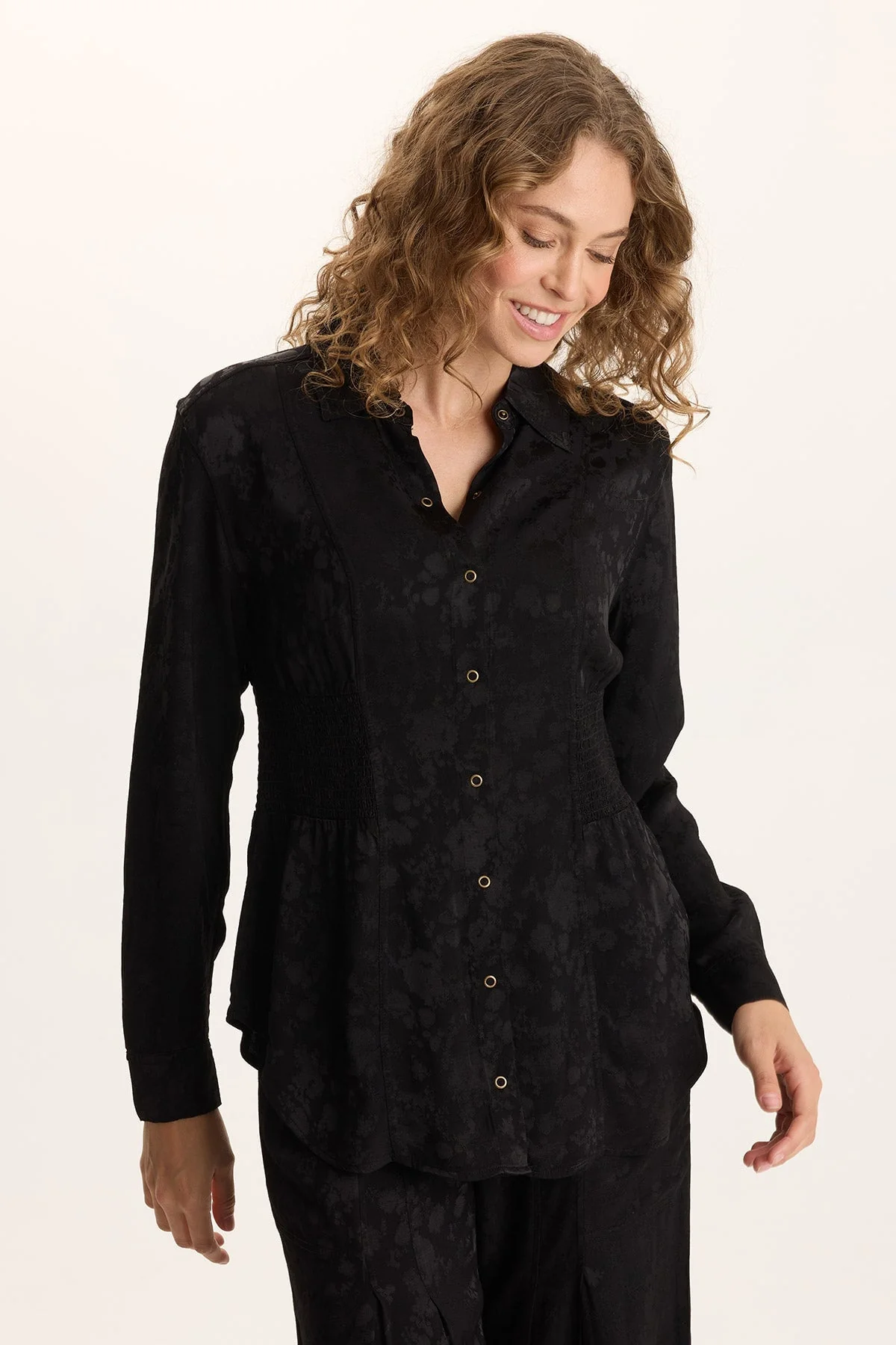 Image of Senneca Textured Satin Shirred Peplum Button-Up Blouse