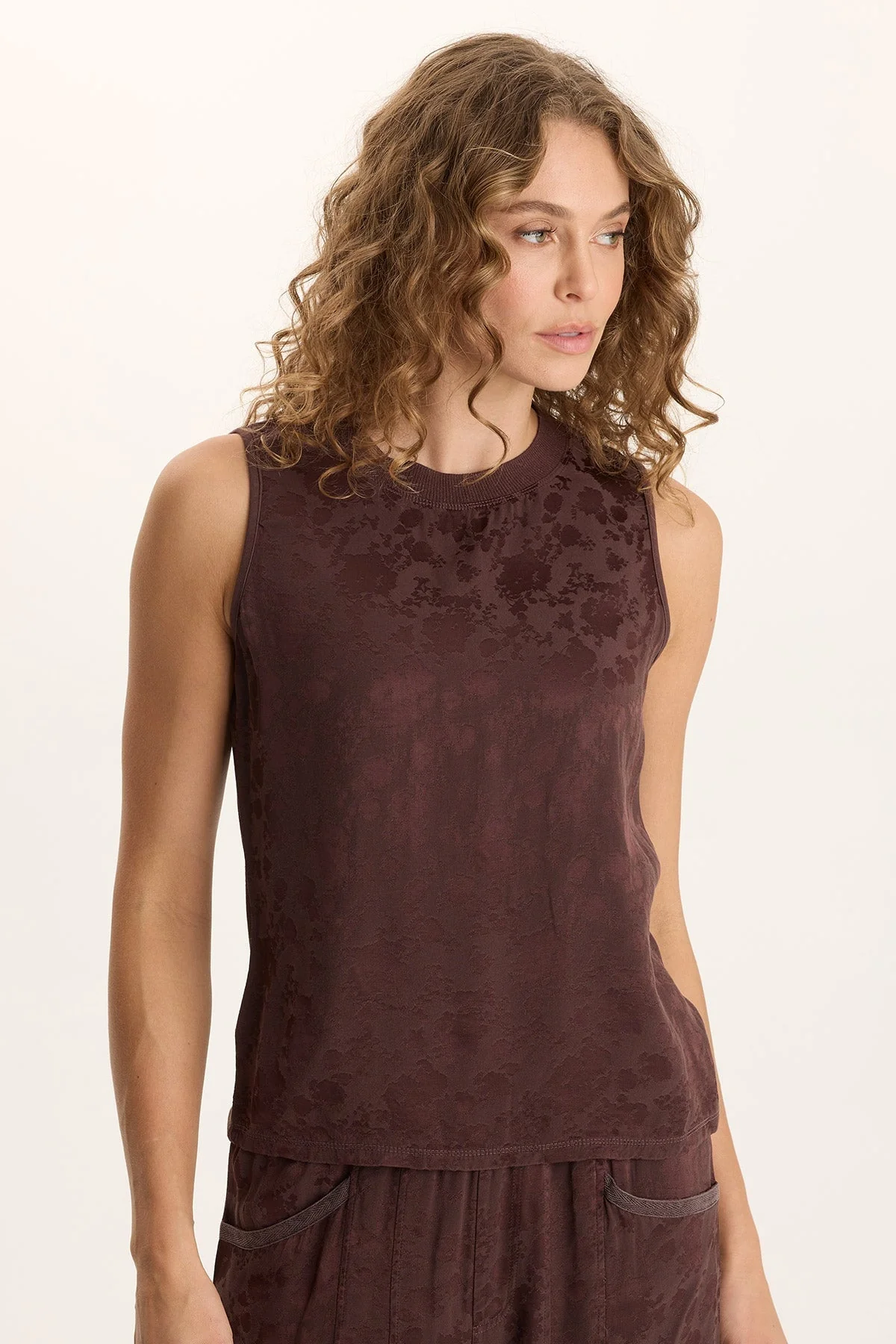 Image of Mahala Textured Satin Embossed Crew Neck Tank