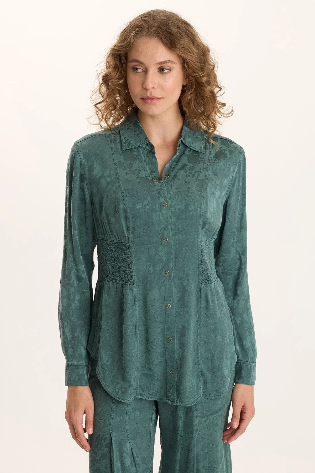 Image of Senneca Textured Satin Shirred Peplum Button-Up Blouse