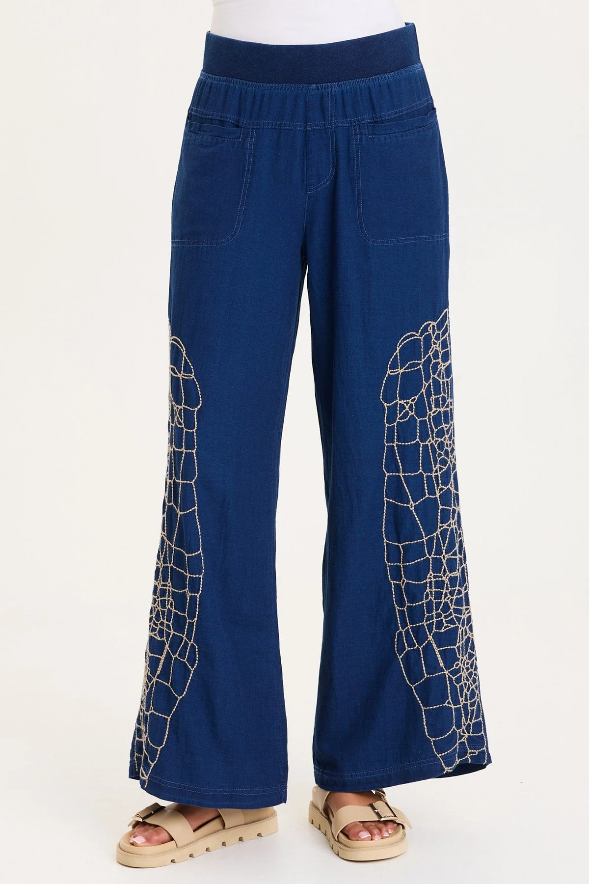 Image of Bonello Embroidered Mock-Denim Wide-Leg Pant