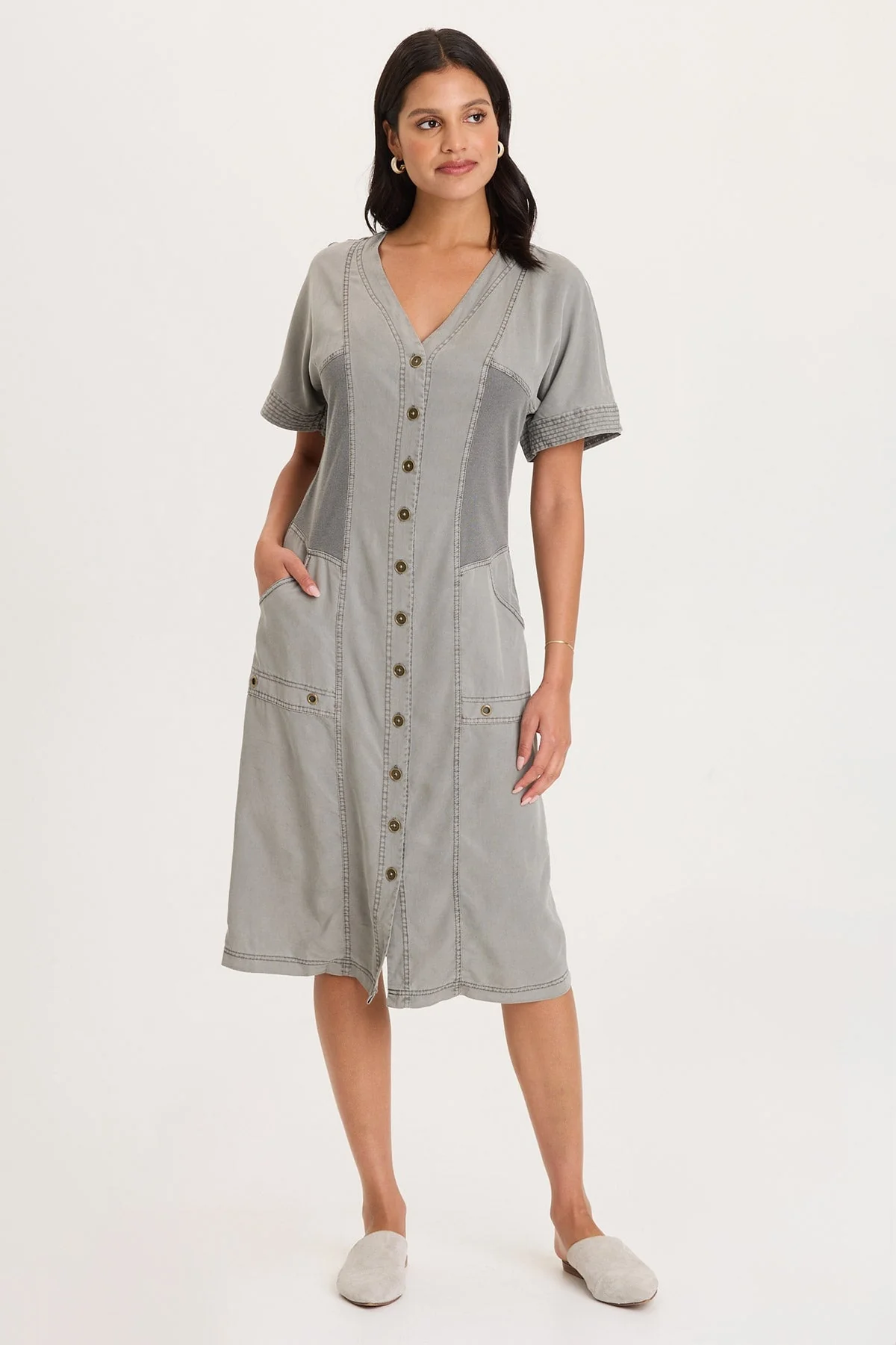 Image of Addair Button-Up Short Sleeve Twill Dress