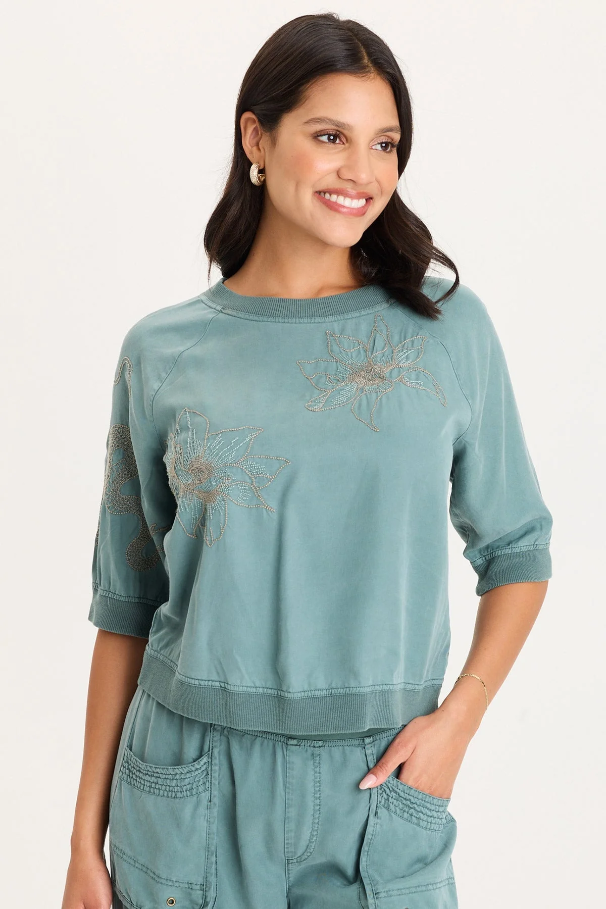 Image of Linton Embroidered Twill/Rib Snap-Up Back Top