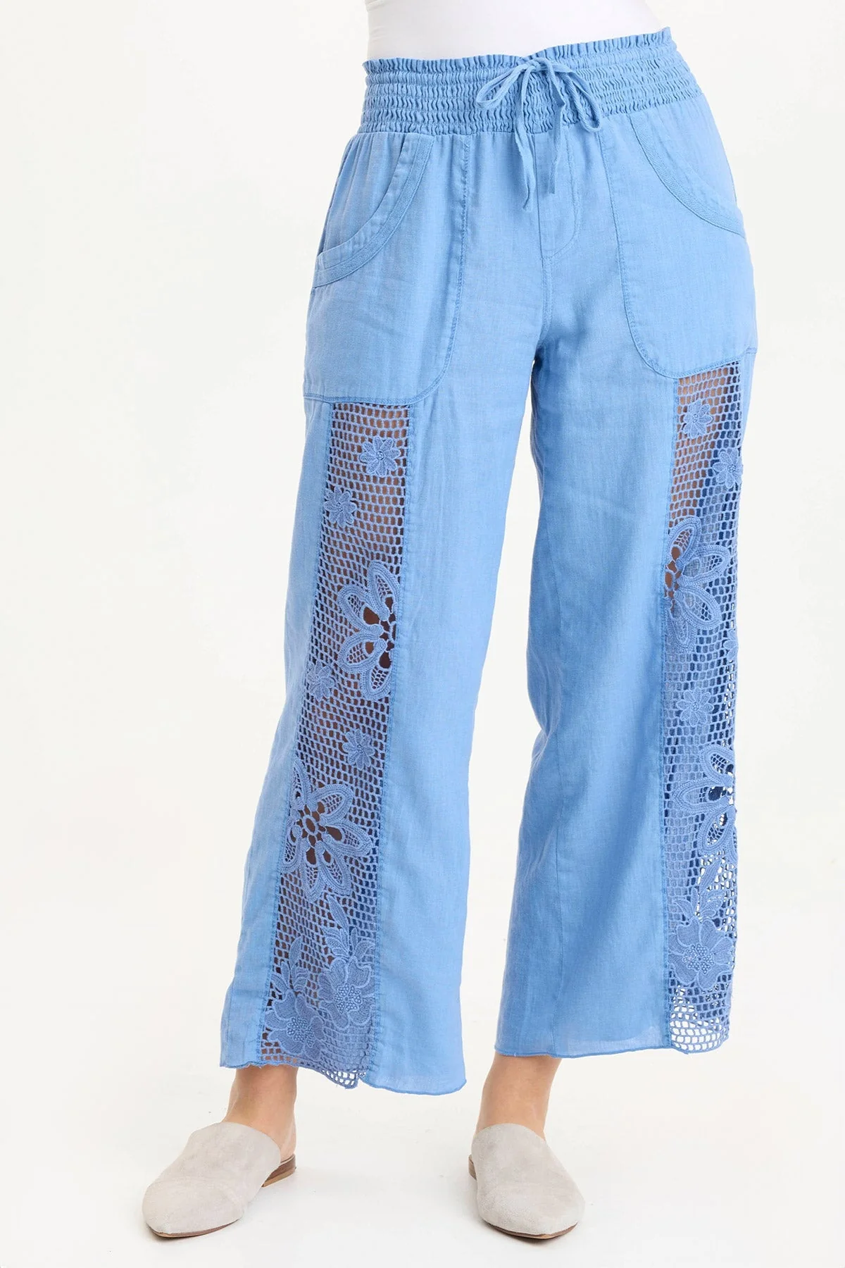 Image of Rokel Linen/Crochet Ruched Wide Leg Pant