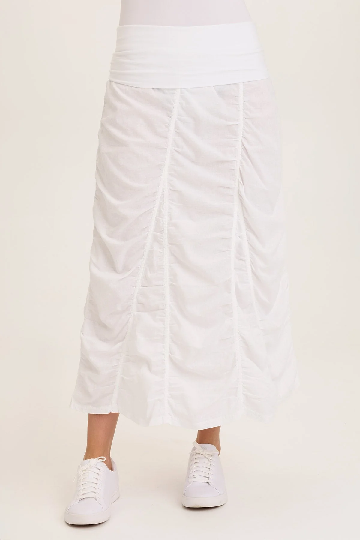 Image of Linen Shirred Asymmetric Midi Skirt