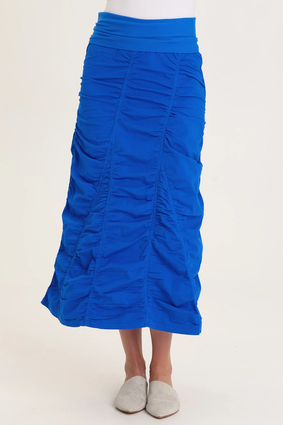 Image of Poplin Gored Shirred Midi Skirt