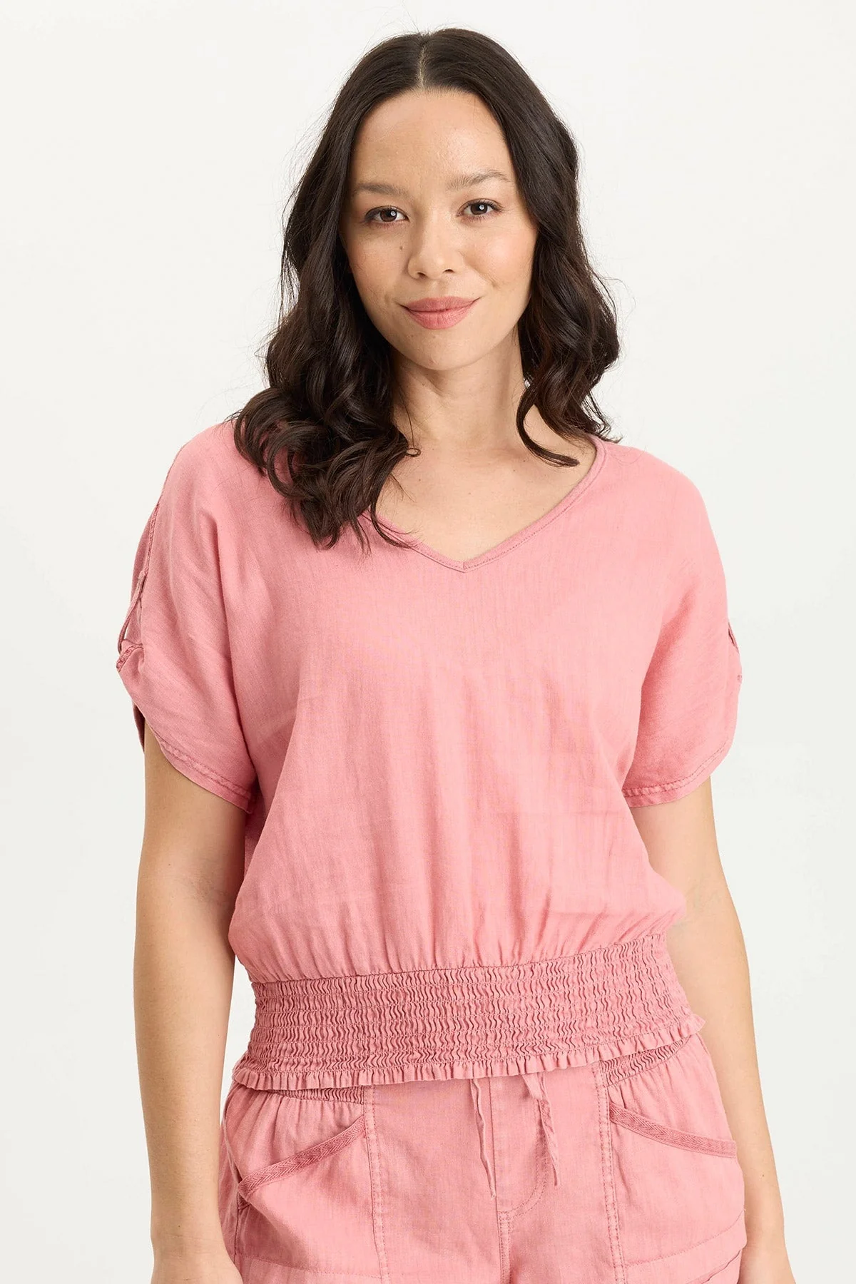Image of Oko Linen/Jersey Cinched Hem Top