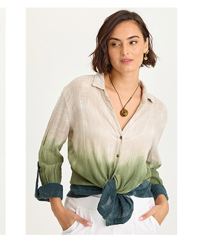 Porter Gauze Curved Hem Button-Up Top