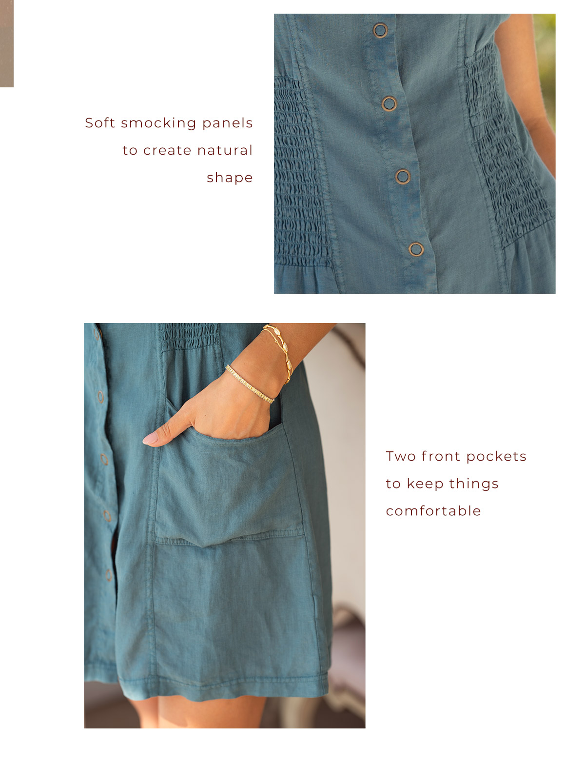 Smocking panels give it shape