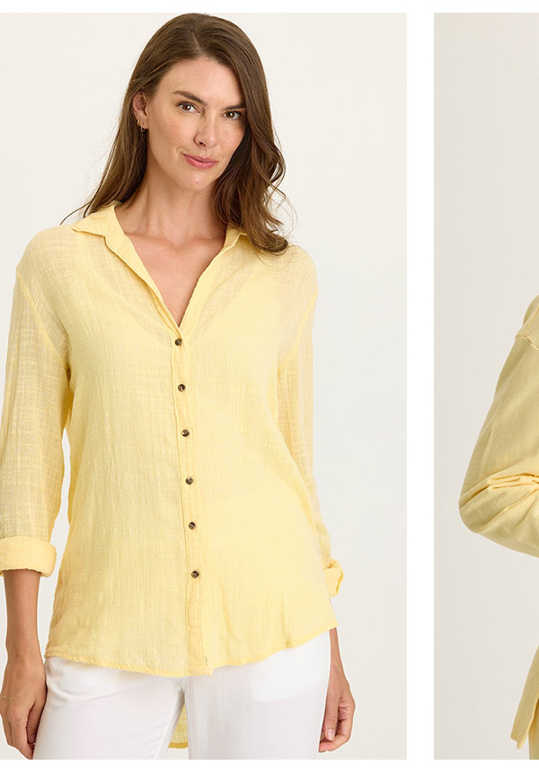Wearables Porter Gauze Curved Hem Button-Up Top  Porter Gauze Curved Hem Button-Up Top