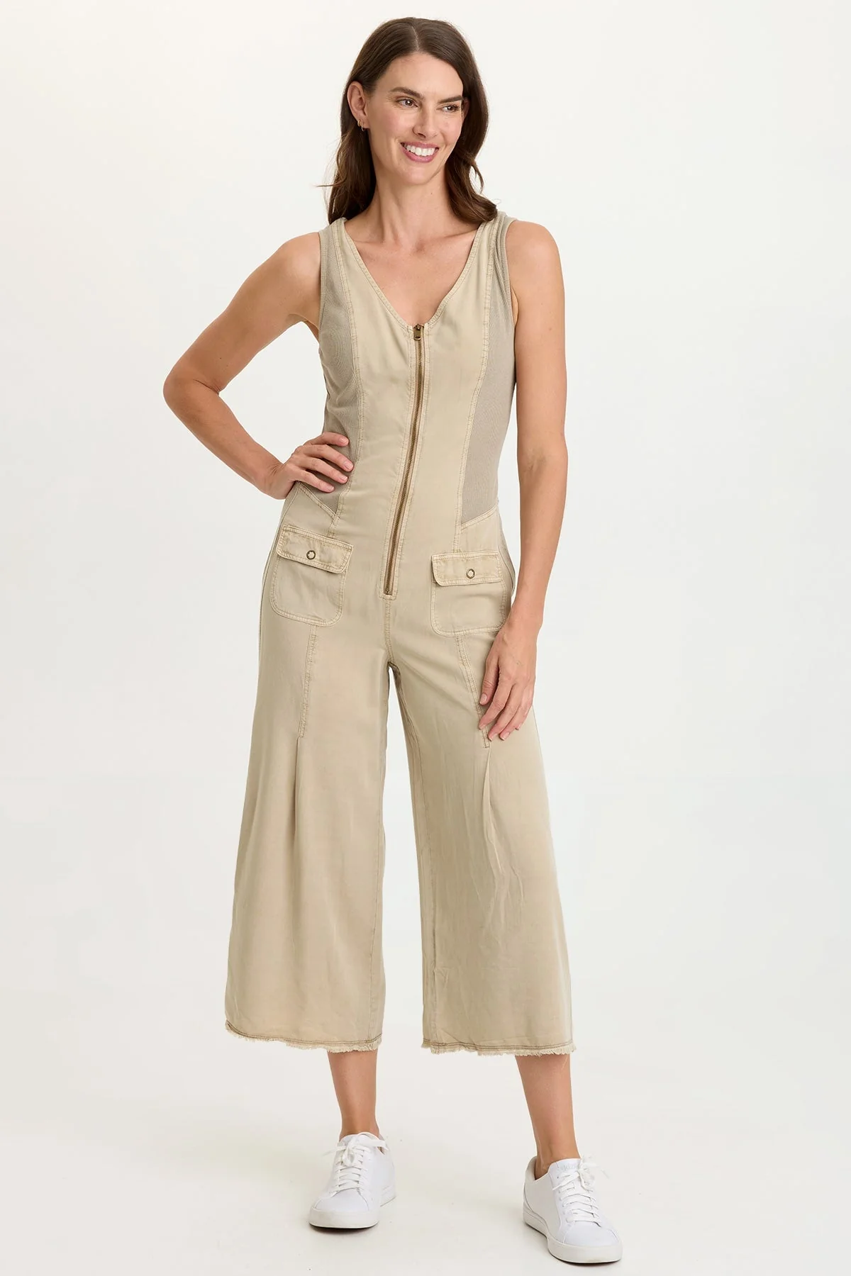 Image of Linette Twill Zip-Up V-Neck Jumpsuit