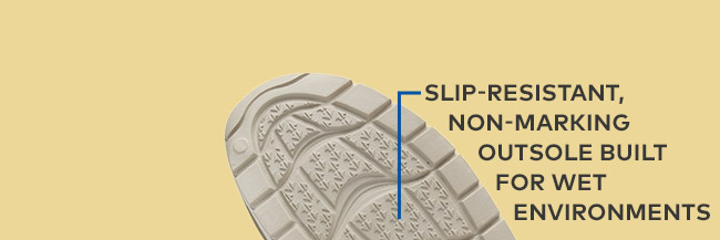Slip-resistant, non-marking outsole built for wet environments