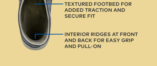 Textured footbed for added traction and secure fit | Interior ridges at front and back for easy grip and pull-on 