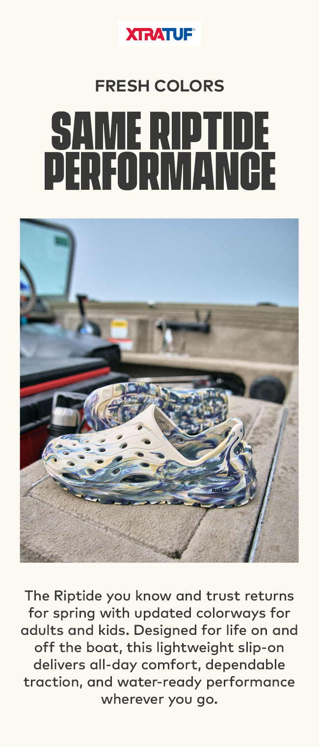 XTRATUF | Fresh Colors | Same Riptide Performance | The Riptide you know and trust returns for spring with updated colorways for adults and kids. Designed for life on and off the boat, this lightweight slip-on delivers all-day comfort, dependable traction, and water-ready performance wherever you go. 