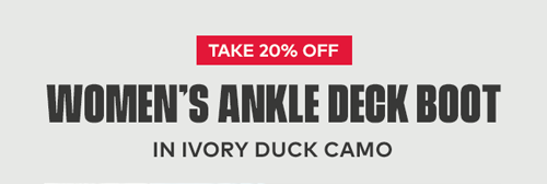 Take 20% off Women's Ankle Deck Boot in Ivory Duck Camo Take 20% off Women's Ankle Deck Boot in Ivory Duck Camo