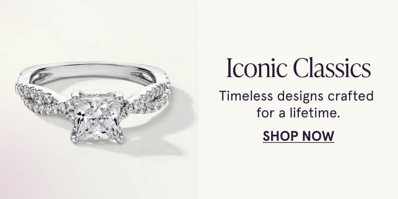 A princess-cut diamond ring with a diamond band. Iconic classics. Timeless looks that last lifetimes. Click here to shop now