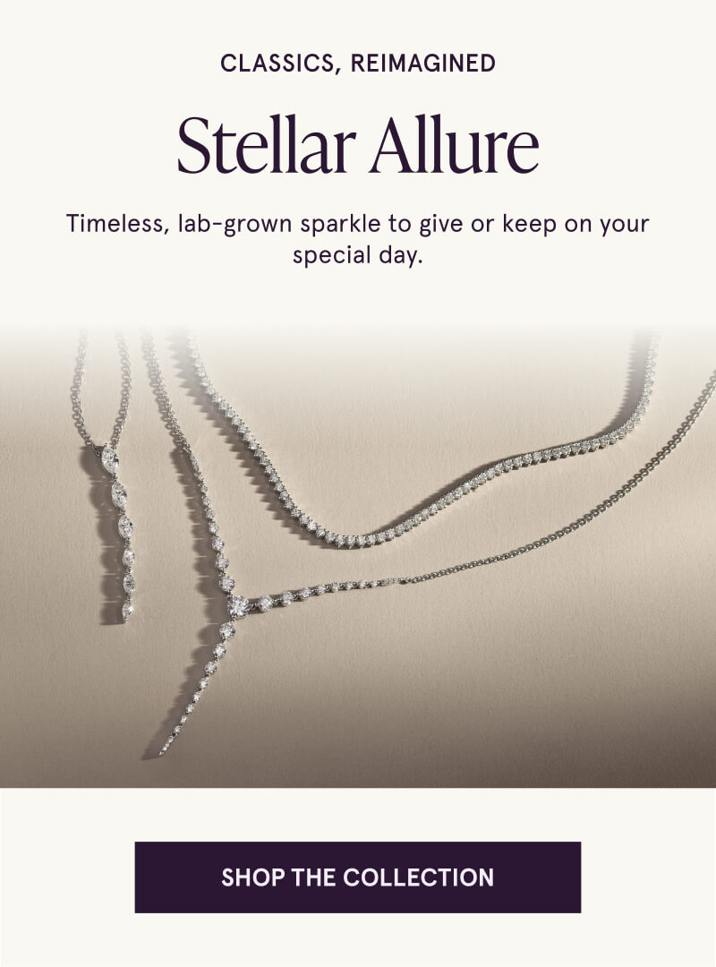 Two diamond-drop pendant necklaces and a diamond tennis necklace. Timeless Stellar Allure. Click here to shop the collection