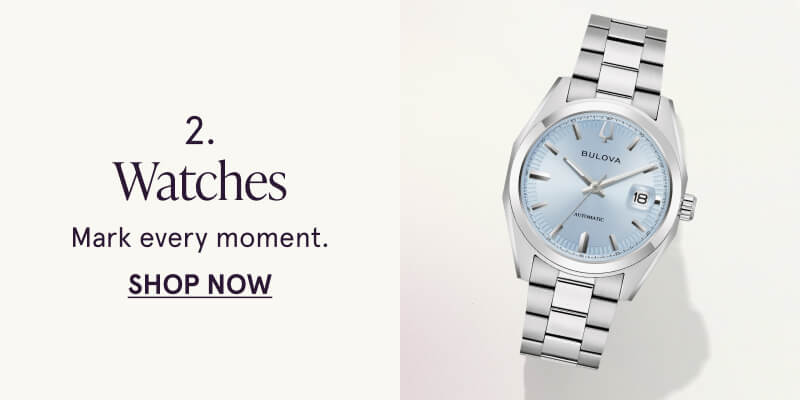 A watch with a blue dial and silver band. Watches. Mark every moment. Click here to shop now