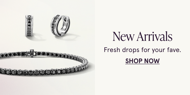 Black gemstone hoops and a tennis bracelet with black gemstones. New arrivals. Click here to shop now