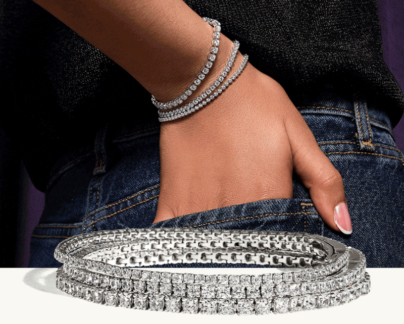 Rotating images of models wearing gemstone bracelets.