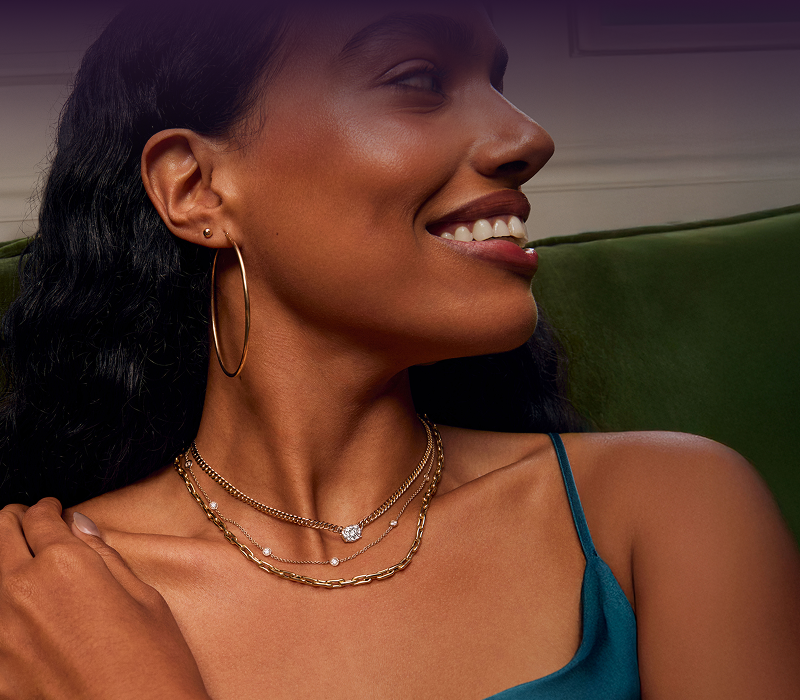 A woman looking away, showcasing her beautiful Earrings and Necklaces.