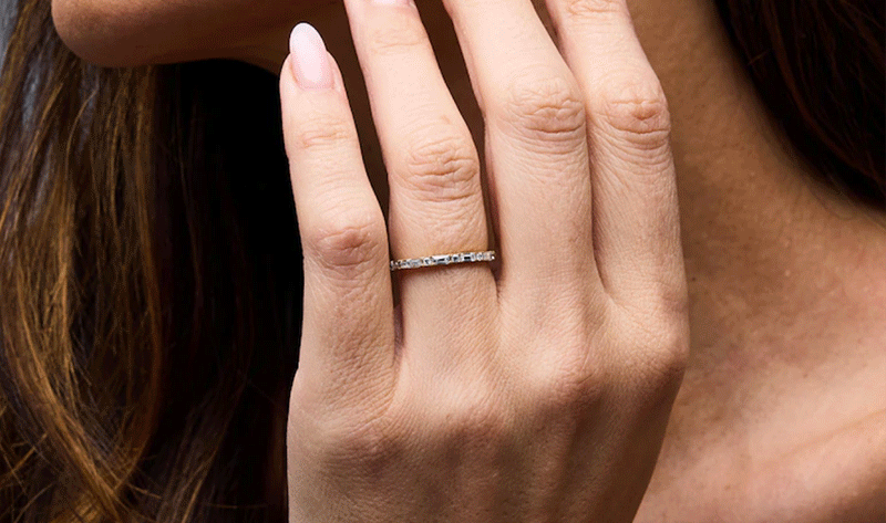 Rotating images of models wearing wedding bands.
