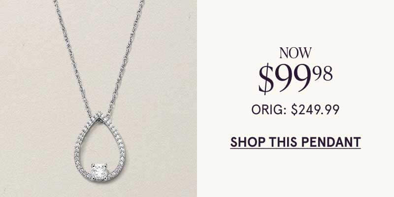 Silver chain with open-faced diamond tear drop pendant with stone. Now $99.98. ORIG: $249.99. Click here to shop this pendant
