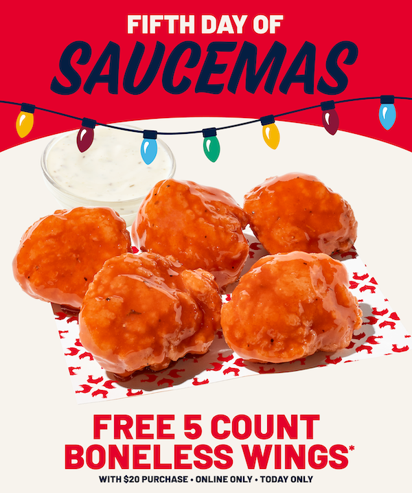 On the fifth day of Saucemas, my true love gave to me: 5 golden wings! 