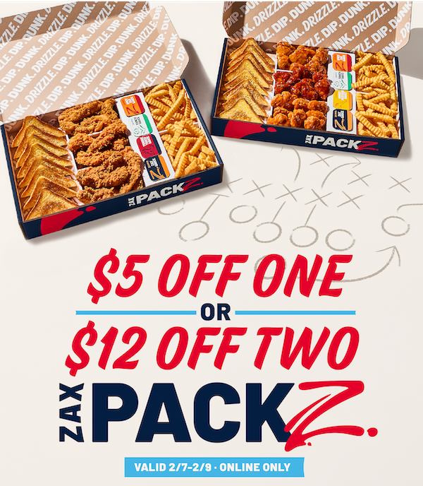 Save on Zax Packz — $5 Off One or $12 Off Two. 