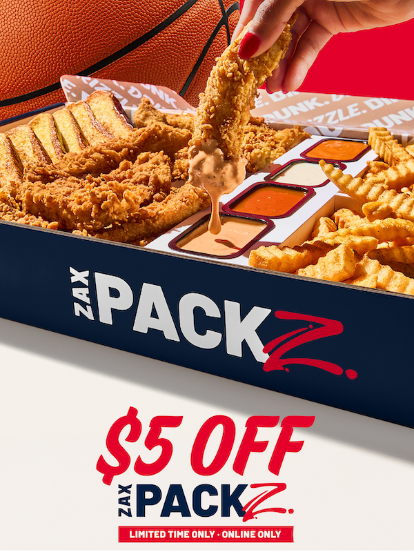 Feed your friends on game day with $5 Off Zax Packz! 