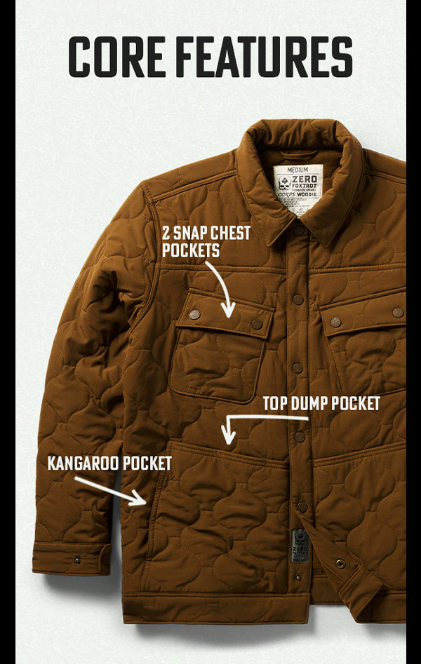 CORE FEATURES: 2 SNAP CHEST POCKETS, TOP DUMP POCKETS, KANGAROO POCKET