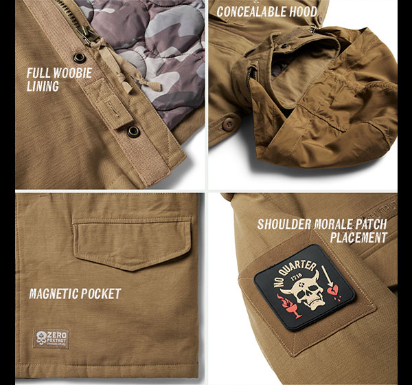 FULL WOOBIE LINING, CONCEALABLE HOOD, MAGNETIC POCKET, SHOULDER MORALE PATCH PLACEMENT