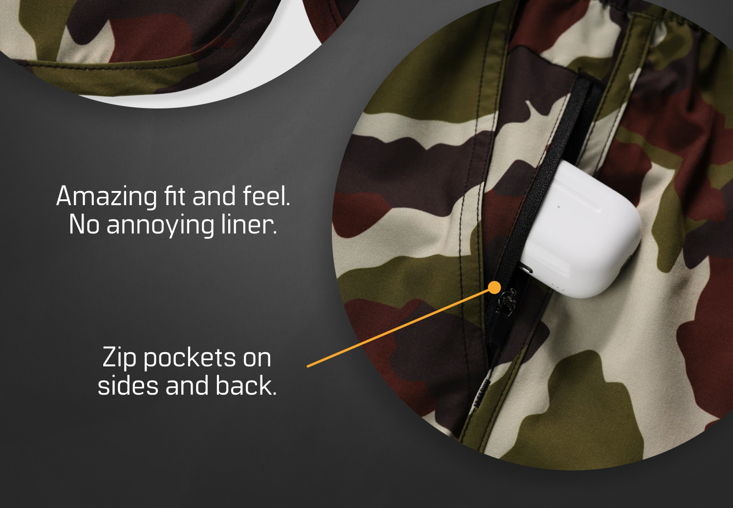 Amazing fit and feel. no annoying liner. zip pockets on sides and back.