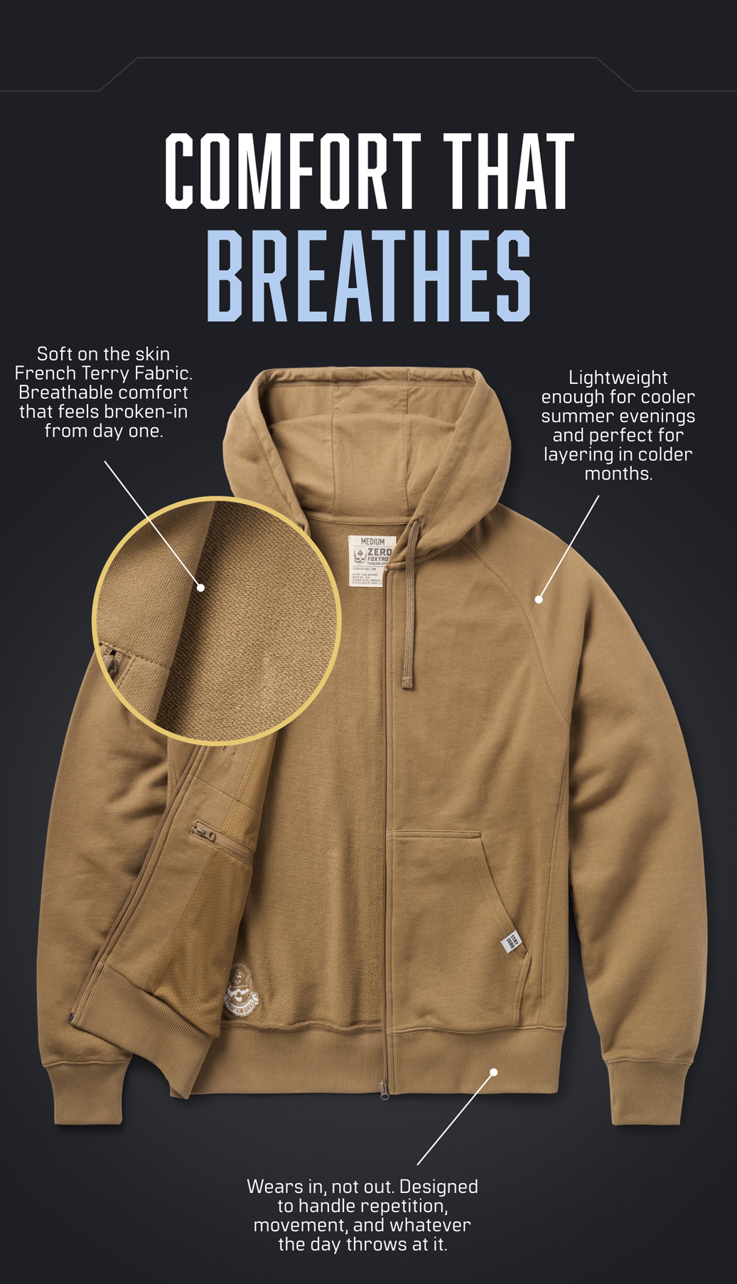 an image of a brown jacket with a zippered hoodie and a yellow tag