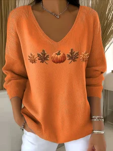 Image of Cotton Casual V Neck Floral Sweater
