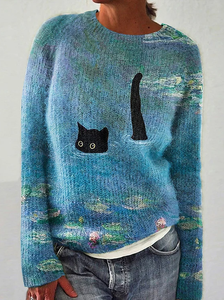 Image of Women's Lotus Black Cat Print 3D Printing Casual Sweater