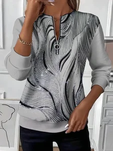 Image of Women's Abstract Print Casual Zipper Long Sleeve Sweatshirt