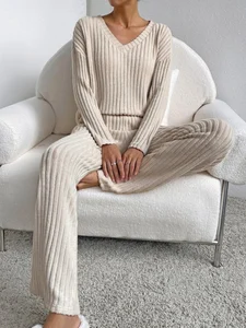 Image of Women's Embossed Plain Daily Going Out Two-Piece Set Apricot Casual Spring/Fall Top With Pants Matching Set
