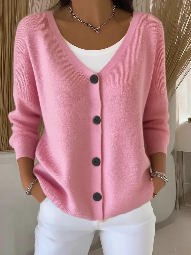 V-Neck Button Long Sleeve Car...