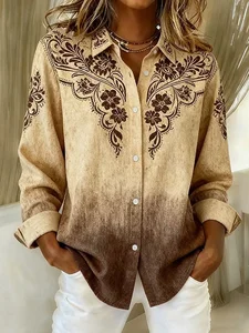 Image of Women's Long Sleeve Shirt Spring/Fall Brown Floral Buckle Shirt Collar Regular Sleeve Daily Going Out Casual Top