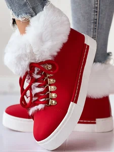 Image of Christmas Plush Plain Casual Winter Cotton-Padded Suede Flat Heel Slip On Classic Boots