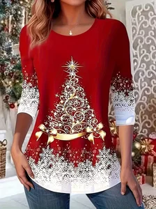 Image of Women's Long Sleeve T-shirt Spring/Fall Red Christmas Jersey Crew Neck Daily Going Out Casual Top